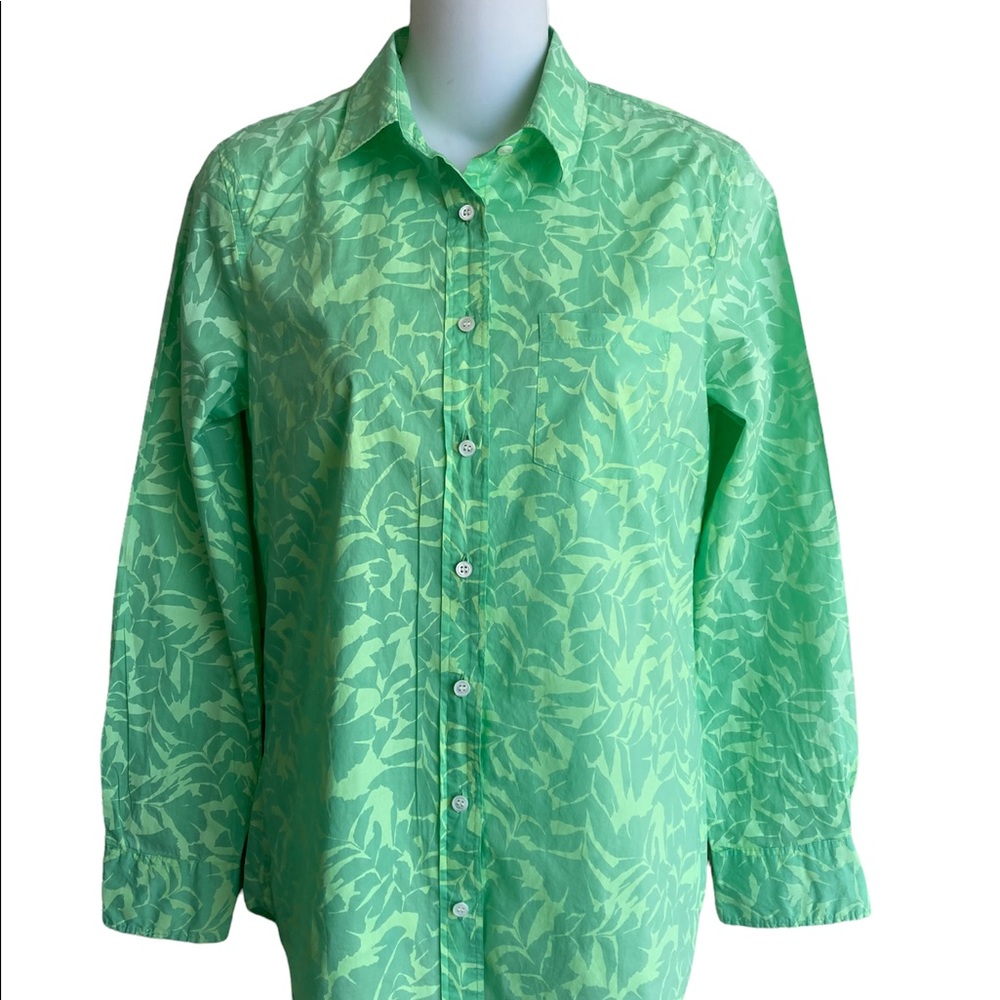 J Crew Ladie Neon Green Tropical Leave Print Boy Button Down Shirt Cotton Size 2